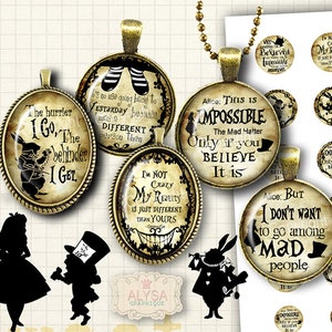 Chapelier fou, citations d&#39;Alice au pays des merveilles - feuilles de collage numérique imprimables pour capsules de bouteilles et pendentifs ovales, téléchargement immédiat