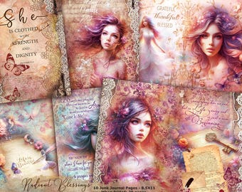 Kit Junk Journal "RADIANT BLESSINGS" - Versetti della Bibbia, citazioni Junk Journaling - Fantasy Junk Journal - Pink Junk Journal - Pagine Junk Journal