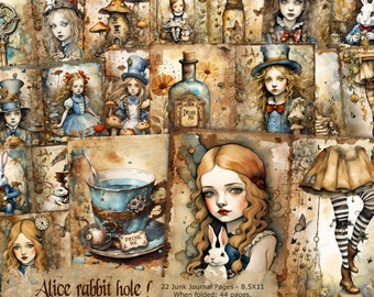 Kit diario spazzatura Alice Rabbit Hole, carta digitale Alice, vintage, effimeri, kit di carta per album, forniture per album, carta decoupage, rustico