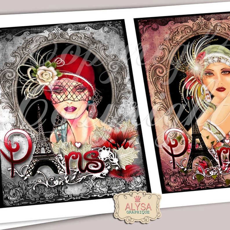 Pu&ograve; includere: Due stampe d'arte digitale con un tema parigino vintage. Ogni stampa presenta una donna con un abito e un cappello in stile flapper glamour, con la Torre Eiffel sullo sfondo. Il testo "Parigi" &egrave; scritto in un font stilizzato.