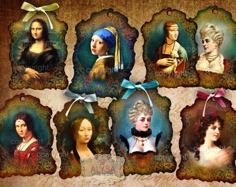 Könnte beinhalten: Satz von acht druckbaren Geschenkanhängern im Vintage-Stil mit berühmten Gemälden von Frauen. Jede Etikette hat einen goldenen verzierten Rahmen und einen blauen oder grünen Hintergrund.