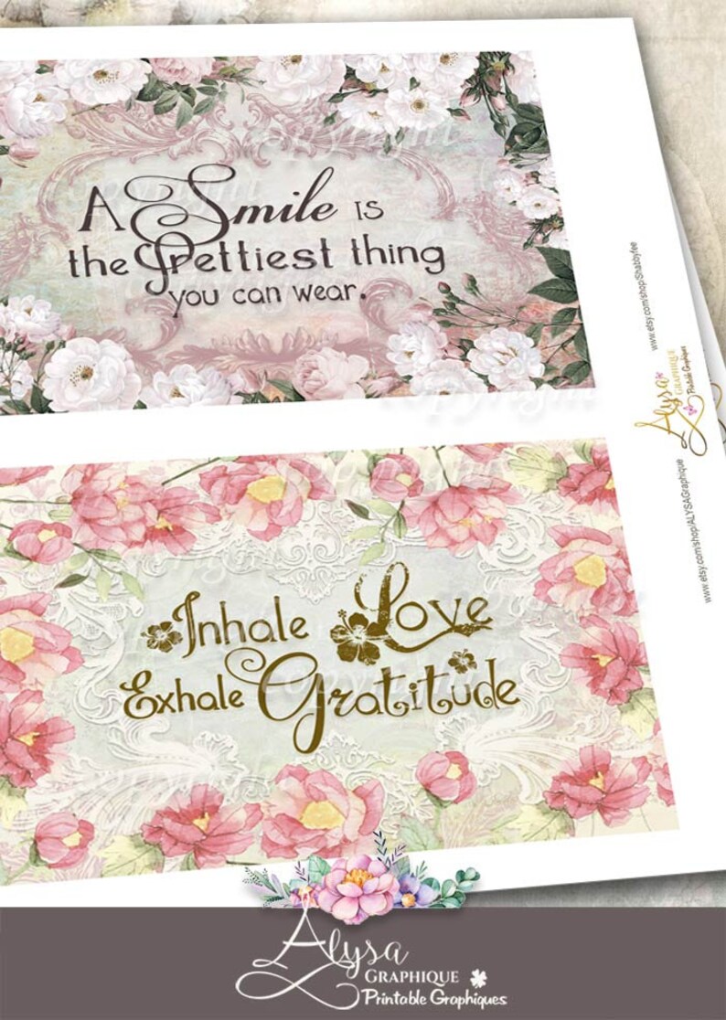 6 Printable Greeting Cards - Floral Motivational Quotes - Digital Collage Sheets - Instand download Inspirational quote cards 6.5x5 inch image 3