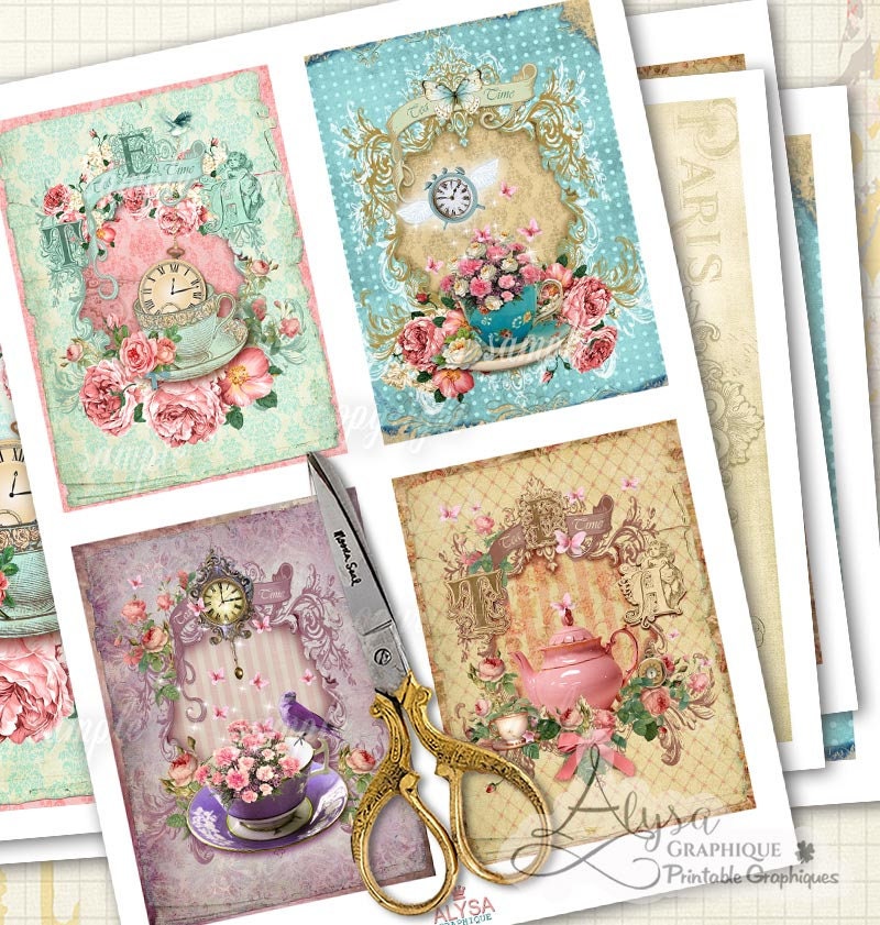 Digital Collage Sheet Printable Download Vintage Invitations TEA TIME ...