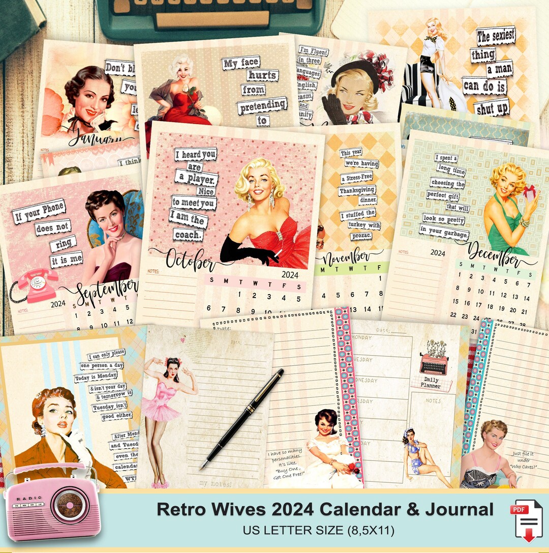 50s Retro Calendar, A4, Calendar 2024 PRINTABLE, 2024 Monthly Calendar