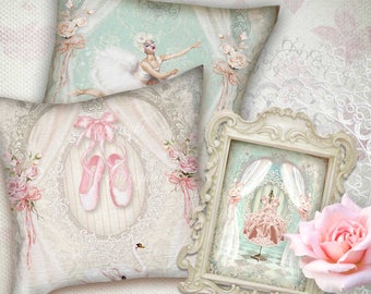 XL Shabby Chic Ballet Dancers transfiere imágenes para descargar para tela, papel, transferencia térmica: bolsos de mano, camisetas, arte de pared, almohadas
