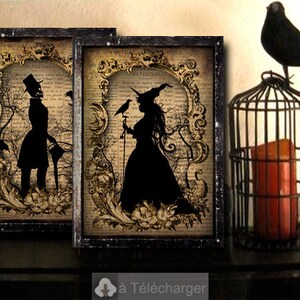 May include: Two framed vintage-style prints featuring black silhouettes of a man and a woman in a woodland setting. The prints have a gold ornate frame and are set against a brown background.
