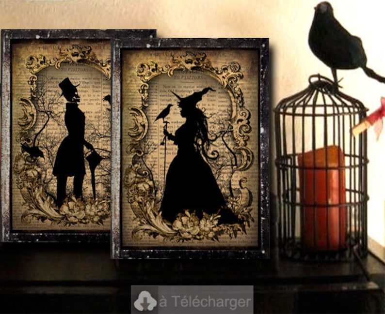 May include: Two framed vintage-style prints featuring black silhouettes of a man and a woman in a woodland setting. The prints have a gold ornate frame and are set against a brown background.