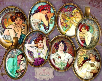 Alphonse Mucha Oval Images 30x40mm, 25x18, 18x13 Digital Collage Sheet + 6 FREE Gift Tags Instant Download for pendants, cabochons, magnets