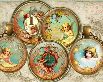 Angel Vintage Christmas Digital Collage Sheet 3" 1"  circle, 30mm 20mm 18mm digital downloads + Free ACEO card - pendants, bottle caps