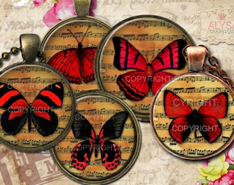 Puede incluir: Cuatro cabujones redondos de vidrio con un fondo de partitura musical vintage y mariposas rojas y negras. Los cabujones están engastados en monturas de bronce y están listos para convertirse en joyas.