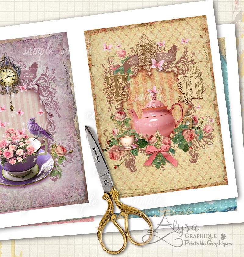 Digital Collage Sheet Printable Download Vintage Invitations TEA TIME ...