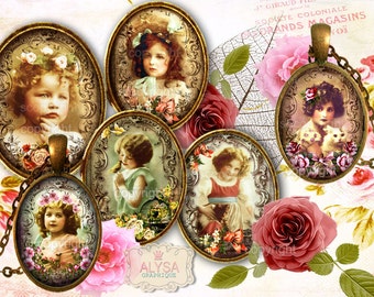 VICTORIAN CUTIES -  Digital Collage Sheet, digital download, digital images, oval images, for Jewelry Cabochons, Scrapbooking, Crafts