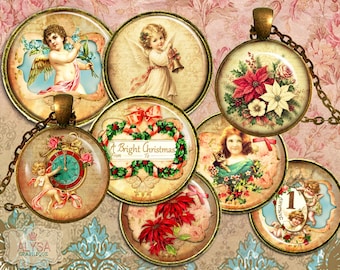 Vintage Christmas Digital Collage Sheet, 1 Inch Circle Images, Christmas Angel Cherub Poinsettia Round Images for Pendants Cabochons BCI