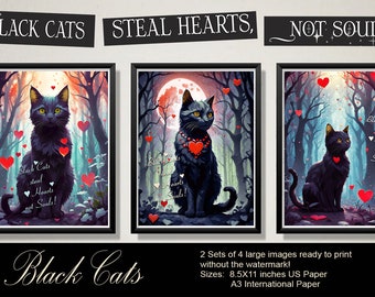 BLACK CAT PRINT- black cat printable art, cat wall art digital, cat wall art digital prints posters, Digital Poster Print - wall print set
