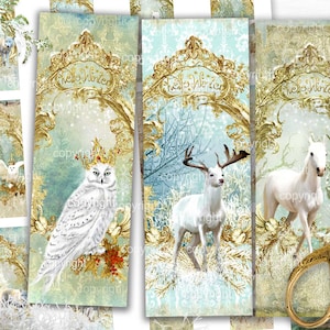 May include: Four printable bookmarks with a winter theme. Each bookmark features a different white animal: an owl, a deer, a horse, and a fox. The bookmarks have a gold and blue background with the text "Hello Winter" on each.