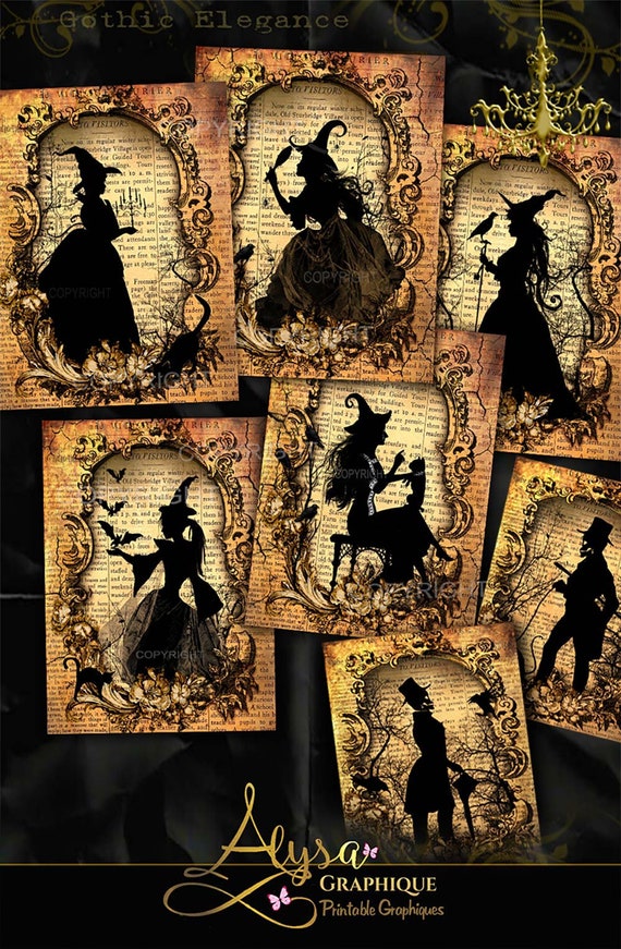 Halloween digital prints - Halloween Silhouettes,  WITCH SILHOUETTES, Halloween junk journal digital images, Halloween images download