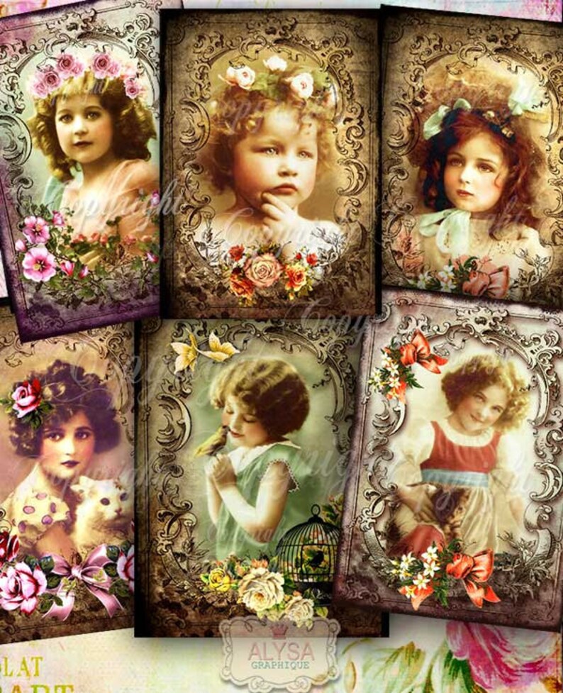 May include: Six vintage-style images of young girls in ornate frames with floral accents. Each image features a different girl with a different expression and pose. The images are in a collage format, with each image taking up a quarter of the space.
