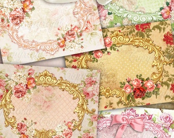 Victorian Flowers Shabby Chic Digital Collage Sheet + FREE Gift Tags / Download VIGNETTES, Printable Note Cards Vintage Frames, Scrapbooking