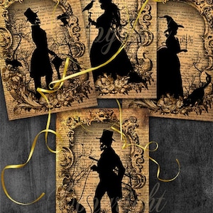 May include: Four printable digital images featuring vintage-style silhouettes of a witch, a man with a top hat, and two more witches. The images are set against a background of old, worn book pages with ornate frames.