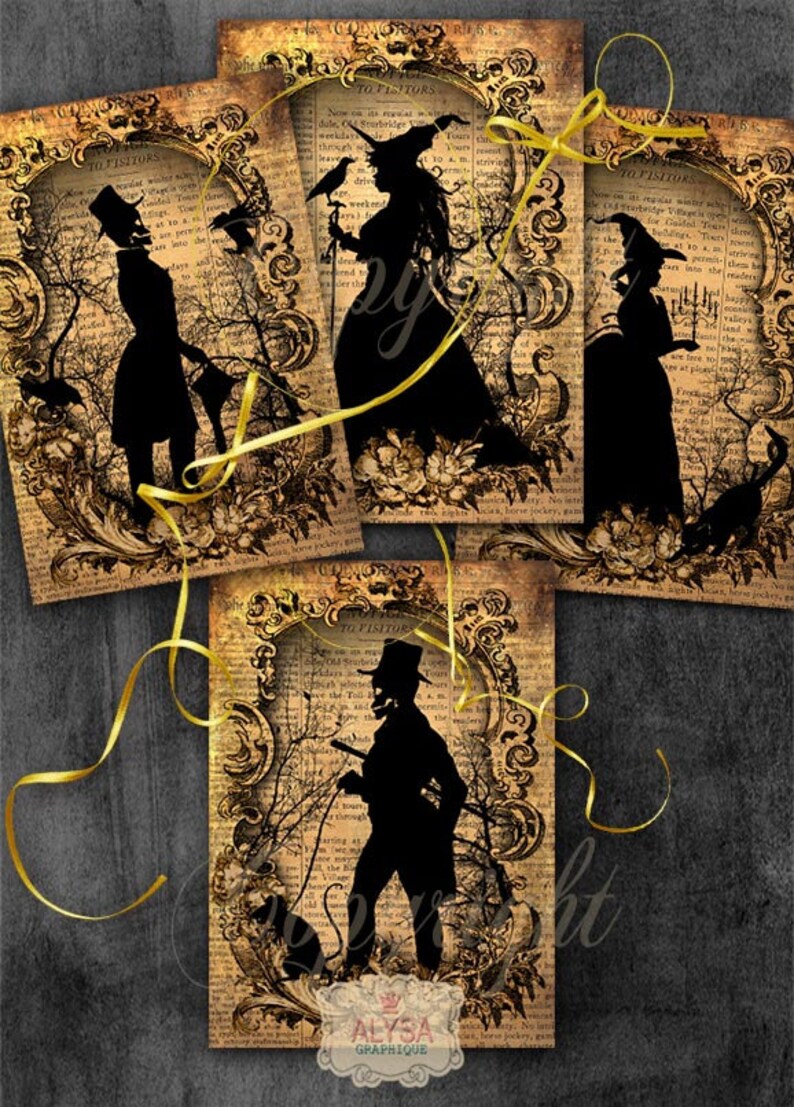May include: Four printable digital images featuring vintage-style silhouettes of a witch, a man with a top hat, and two more witches. The images are set against a background of old, worn book pages with ornate frames.