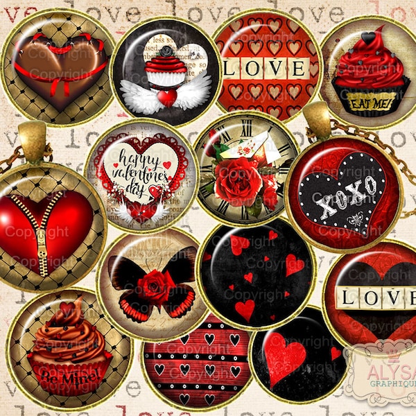 BE MINE! -  1 inch (25mm) and 30, 20, 18mm images - Saint Valentine - Digital Collage Sheet - 30 Bottle cap images  Hearts  Instant Download