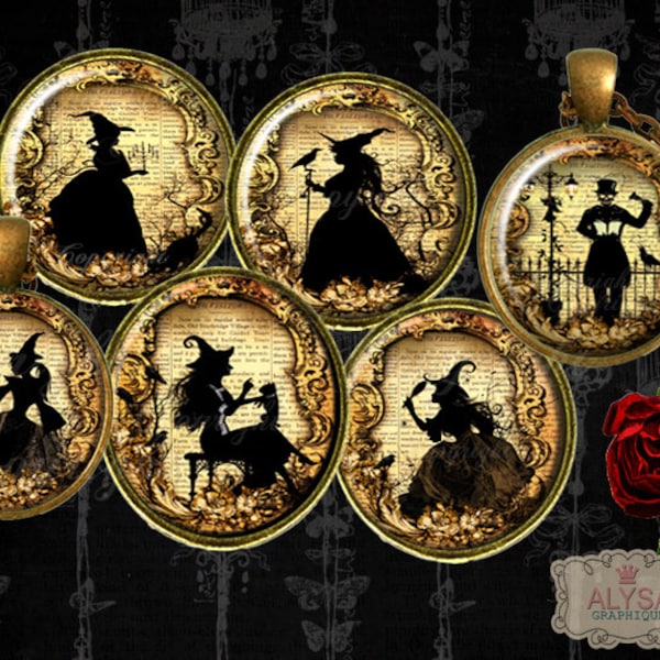 Halloween Silhouettes, WITCHES Bottle Caps, 1 inch, 30mm, 20 & 18mm Cabochons, Printable Collage Sheet - Pendants Earrrings Scrapbook