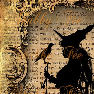 May include: A silhouette of a witch with a raven perched on her hand, holding a walking stick. The image is overlaid on a vintage, text-filled background with the words "Notice to Visitors" and "Fee" in a decorative font.