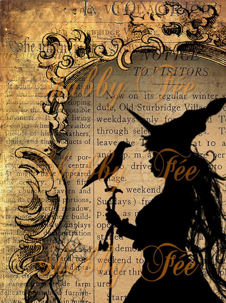 May include: A silhouette of a witch with a raven perched on her hand, holding a walking stick. The image is overlaid on a vintage, text-filled background with the words "Notice to Visitors" and "Fee" in a decorative font.