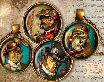 STEAMPUNK honden - digitale Collage blad 1 inch en 30,20,18, 12mm grootte afdrukbare ronde beelden voor hangers - Steampunk beelden