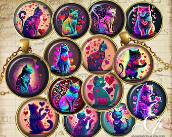 Gatti di San Valentino! 16 immagini di pendenti (35 mm, 1", 30, 20, 18 mm) / Immagini rotonde per orecchini / Immagini di tappi di bottiglia / Fogli di collage di immagini di San Valentino
