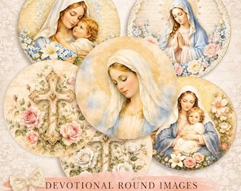 Immagini rotonde stampabili della Vergine Maria, 24 cerchi devozionali digitali da scaricare, Maria Madre con Gesù Bambino, adesivi e magneti da 3" e 2,5".