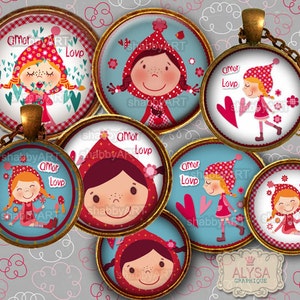 Little Red Hood - Digital Collage Sheet 1 inch circle images & 10,12,20mm round images, digital download, bottle caps, magnets, gift tags