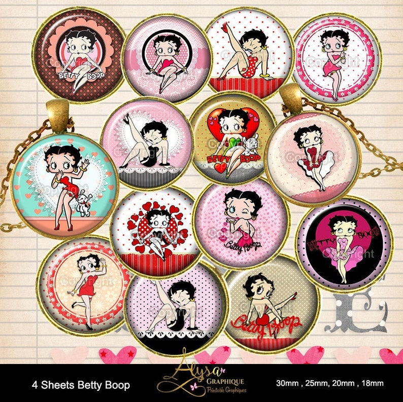 BETY BOOP, Vintage Pin Up Digital Collage Sheets Earrings Cabochons of 10x10mm, 16X16mm & Ovals Pendants of 25x18mm image 1
