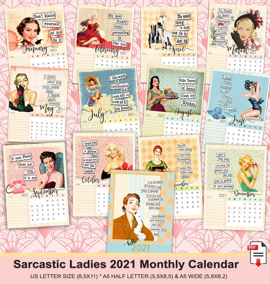 SARCASTIC LADIES Calendar 2021 PRINTABLE 2021 Monthly | Etsy