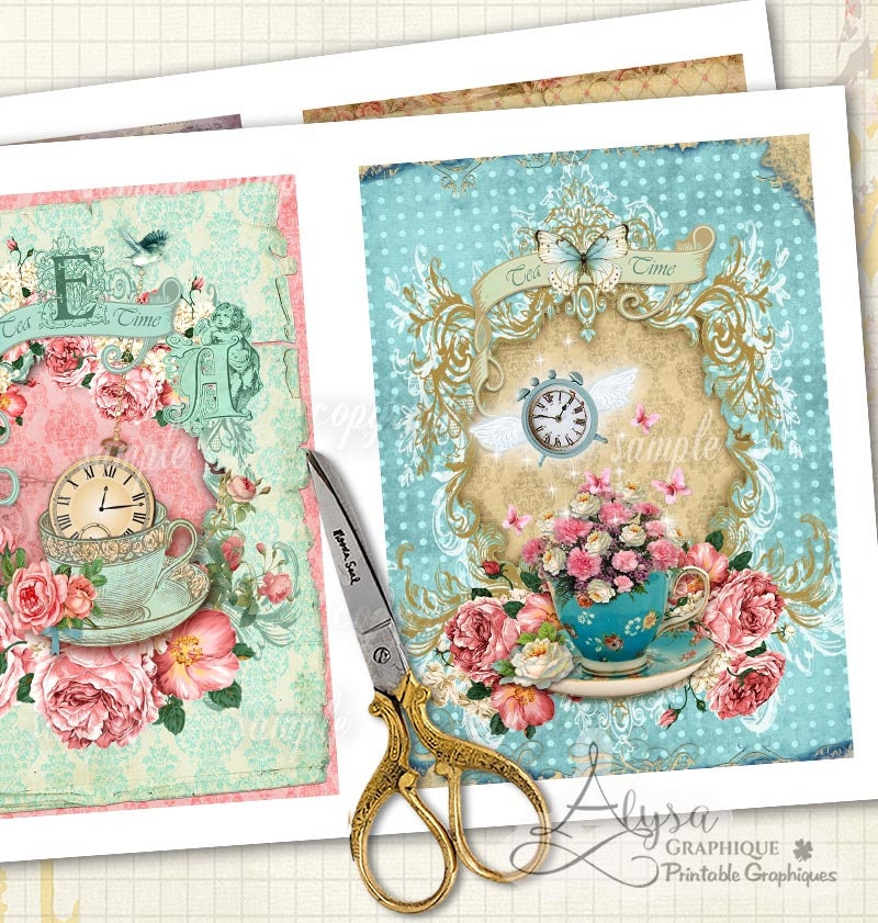 Digital Collage Sheet Printable Download Vintage Invitations TEA TIME ...