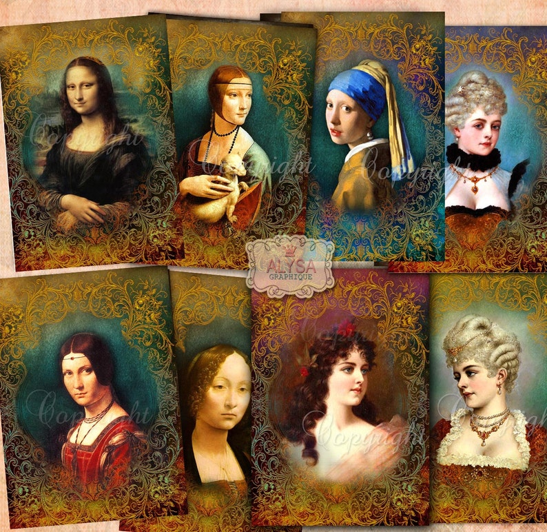 Puede incluir: Un collage digital de ocho retratos vintage de mujeres. Los retratos est&aacute;n enmarcados en marcos dorados ornamentados con un fondo azul verdoso. Las mujeres visten diferentes estilos de ropa y joyas.