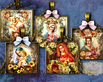 VIRGIN MARY, religious jewelry, 2x2", 1,5" square Images, digital images + Gift Tags Digital Collage Sheet - Square Pendant, Square Cabochon