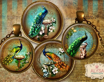 PEACOCKS VINTAGE Digital Collage Sheet 1 inch Circle images 30mm, 25mm, 18mm + FREEBIES Instant Download  - jewelry pendants bottle caps