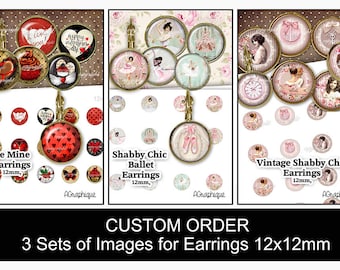 3 Sets of Digital Collage Sheets , 12mm , Printable Images for earrings, rings,  Digital Cabochon images Instant Download