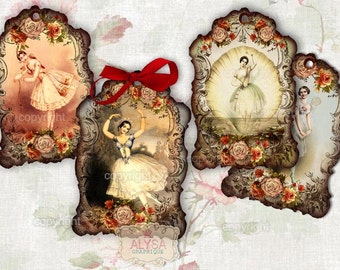 Ballerina- 8 gift tags, Printable Collage Sheet, Scrapbook, jewelry holders, Shabby chic hang tags, Vintage Paper Scrapbook, Download Images