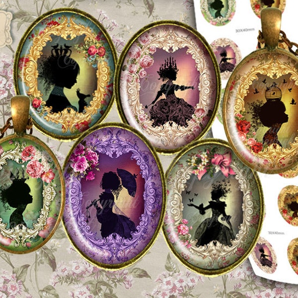 Shabby Chic Silhouette Art oval images , Digital collage sheets + FREE Gift Tags & greeting cards  Instant Download - jewelry pendants