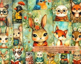 Pagine di junk journal con simpatici animali del bosco, stampe originali per la cameretta, scrapbooking in stile cottagecore, tutte le dimensioni a 300 DPI