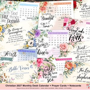 Könnte beinhalten: Ein monatlicher Schreibtischkalender für 2027 mit Blumenillustrationen und Bibelversen. Jede Seite zeigt ein Kalenderraster sowie inspirierende Texte wie 'With God all things are possible', 'He has made everything beautiful' und 'Trust in the Lord'.