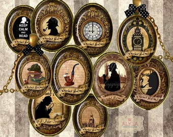 May include: Set of ten round, gold-framed, decorative paper circles with images related to Sherlock Holmes. The images include a clock, a pipe, a silhouette of Sherlock Holmes, and the text "Keep Calm and Read".