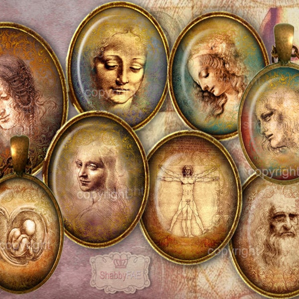 Leonardo da Vinci No1- Oval 30x40 mm digital images, Digital Collage Sheet, Printable Download for pendant jewelry & glass art cabochons