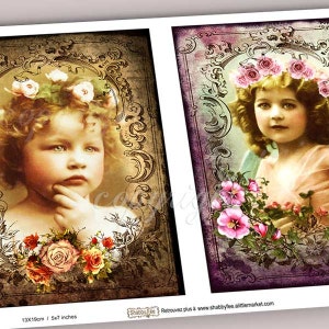 May include: Two vintage-style images of young girls with floral crowns and bouquets of pink and white flowers. The images are framed with ornate gold and purple borders.
