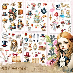 72 Alice in Wonderland Clip Art Stickers, fussy cuts printables, Junk Journal Stickers,  Digital Download, Embellishments for junk journal