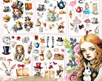 72 Alice im Wunderland Clip Art Aufkleber, pingelige Schnitte zum Ausdrucken, Junk Journal Aufkleber, digitaler Download, Verzierungen für junk journal