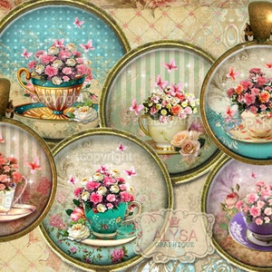 May include: Six round, gold-rimmed, glass cabochons with a vintage floral design. Each cabochon features a teacup filled with pink and white flowers, surrounded by butterflies and a delicate floral pattern. The cabochons are perfect for crafting jewelry, scrapbooking, or other DIY projects.