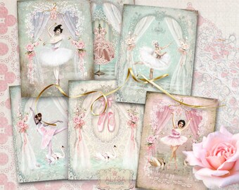 Shabby Chic BALLET DANCERS Download para impressão - Folha de colagem digital - Saudações de bailarina vintage para cartões comemorativos, álbum de recortes, diário